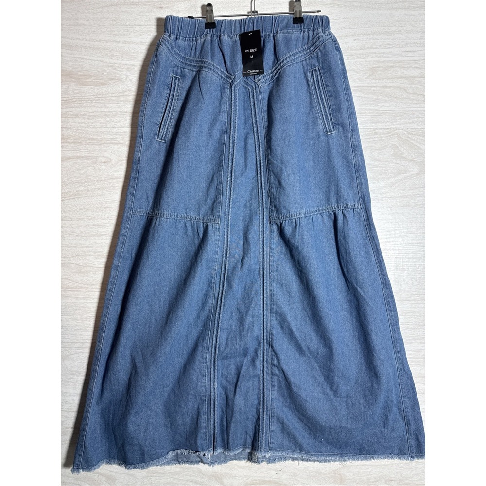 NWT Chartou Denim Skirt Elastic Waist Grayer Hem Sz Med